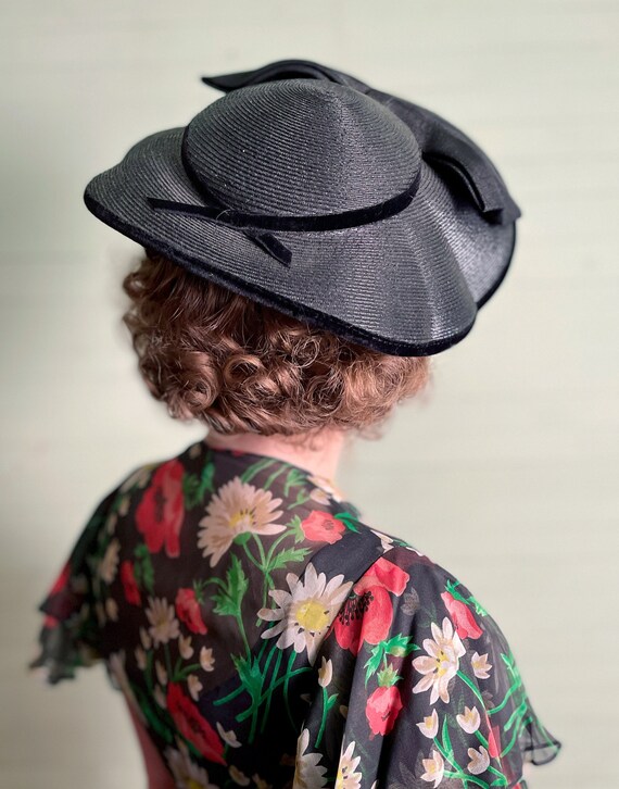 1950's Platter Hat Black Straw Summer Halo - image 1