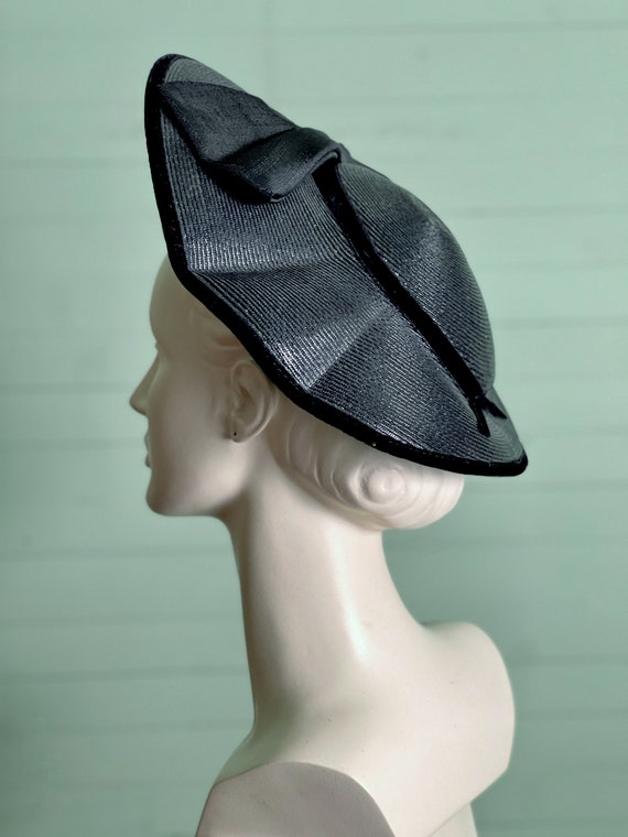 1950's Platter Hat Black Straw Summer Halo - image 3