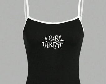 A Global Threat- Embroidered Contrast Trim Cami-Minimalist Streetwear Tank Straps Slim Two Toned