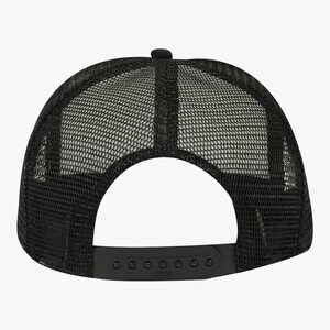 May include: Black trucker hat with a mesh back and a curved brim. The hat features a snapback closure for adjustable sizing. The crown is solid black, and the mesh back provides ventilation. A small button is on top of the crown.