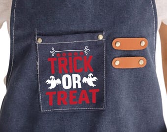 Funny Halloween Apron – “Trick or Treat” Ghost Design Denim Apron | Spooky Kitchen Gift | Halloween Baking Apron for Adults