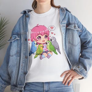 T shirt anime girl graphic tee pet parrot lover chibi bird owner cartoon art cute animal gift