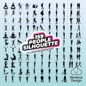 Puede incluir: Una colección de 159 siluetas negras de personas en varias poses, incluyendo yoga, correr y caminar. La imagen incluye el texto "159 People Silhouette" en un diseño colorido, junto con información sobre el tipo de archivo y el logotipo de Nimbus Design.
