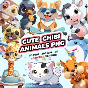 Cute Chibi Animal Clipart Bundle – 50 PNG + Sticker + SVG Cute Animal PNG Pack, Baby Animals Clipart Set, Printable Animals, Nursery Art