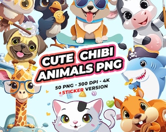 Cute Chibi Animal Clipart Bundle – 50 PNG + Sticker + SVG Cute Animal PNG Pack, Baby Animals Clipart Set, Printable Animals, Nursery Art