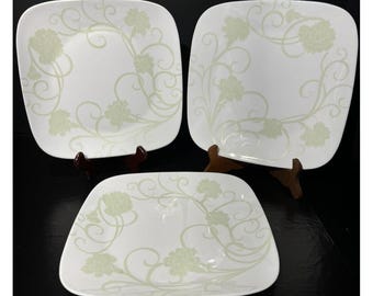 Set of 3 Corelle ELOQUENCE Square Green Floral 10.5" Dinner Plates USA