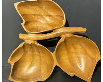 Monkey Pod Wood Divided Nut Snack Bowl Philcraft Handmade Philippines VTG