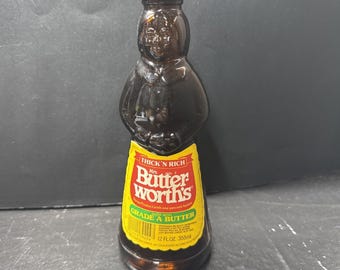 VTG Mrs. Butterworth's Syrup Amber Glass Bottle 12 oz w/ Metal Cap & Label