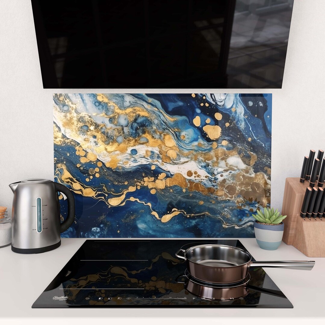 Blue Gold Marble Mixed Liquids Glass Splashback, Kitchen Stove ...