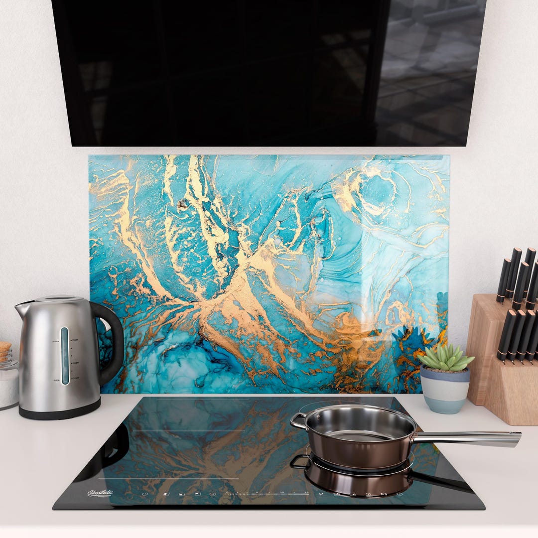 Blue, Gold & Copper Ink Marble Texture Glass Backsplash, Kitchen ...
