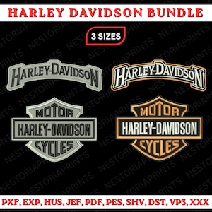May include: A Harley-Davidson bundle featuring four embroidered patch designs in two color schemes: grey and black, and tan and black. The designs include two arched text logos and two shield-shaped emblems with the text Motor Harley-Davidson Cycles.