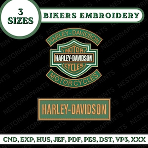 May include: An embroidery design featuring the Harley-Davidson logo in orange and green on a black background. The design includes a shield emblem with the text Harley-Davidson Motor Cycles and a separate rectangular patch with the text Harley-Davidson.