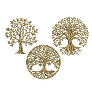 May include: Three gold-coloured tree designs. One tree is a simple silhouette, another is a circular design, and the third is a detailed tree with roots and branches. The trees are likely embroidery designs or decorative elements.