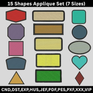 May include: A digital collection of 15 shapes for embroidery applique in 7 sizes, featuring various geometric forms like rectangles, circles, hearts, and triangles in red, purple, pink, blue, yellow, green, and brown with black borders.