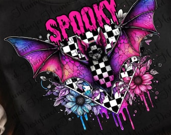 Retro Spooky Bats Halloween T-Shirt Design: Pink Bat Halloween Tshirt PNG, Cute Bat Sublimation PNG, Spooky Season T-Shirt(Digital Download)