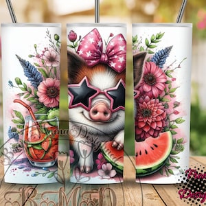May include: A white tumbler featuring a cartoon pig wearing star-shaped sunglasses and a pink bow. The pig is holding a watermelon slice, surrounded by flowers and a watermelon drink. The tumbler has a straw.
