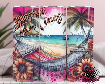 May include: A tumbler with a beach scene design. The tumbler features a hammock, palm trees, and sunflowers. The text "Good Times & Tan Lines" is displayed on the tumbler. The colors include pink, orange, blue, and green.