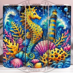 May include: A vibrant tumbler featuring a colorful underwater scene. A yellow seahorse is the focal point, surrounded by coral, seashells, and a lighthouse. The design incorporates shades of blue, yellow, pink, and orange, creating a whimsical ocean theme.
