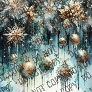 May include: A watercolor-style Christmas ornament design with gold and teal accents. The image features hanging ornaments, snowflakes, and floral elements with a dripping effect, creating a festive and elegant aesthetic.