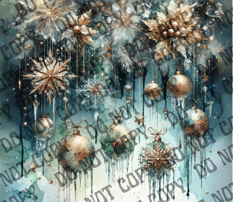 May include: A watercolor-style Christmas ornament design with gold and teal accents. The image features hanging ornaments, snowflakes, and floral elements with a dripping effect, creating a festive and elegant aesthetic.