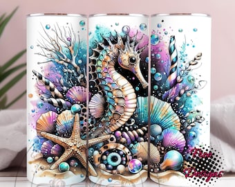 Purple Seahorse Tumbler Wrap, Hibiscus Tumbler Design, Seashell Ocean Tumbler Wrap, Seahorse Tumbler Sublimation png