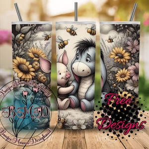 May include: A stainless steel tumbler featuring a whimsical design with Winnie the Pooh characters, Piglet and Eeyore, surrounded by sunflowers, bees, and floral elements. The tumbler includes a straw and the text "Free Designs".