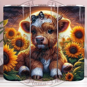 May include: A tumbler featuring a brown and white Highland cow calf with a black and white checkered bow, surrounded by sunflowers. The background depicts a sunset scene. The tumbler is cylindrical and has a glossy finish.