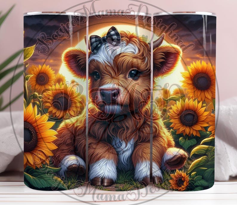 May include: A tumbler featuring a brown and white Highland cow calf with a black and white checkered bow, surrounded by sunflowers. The background depicts a sunset scene. The tumbler is cylindrical and has a glossy finish.