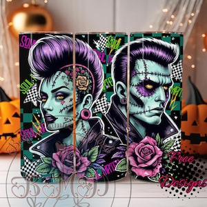 May include: Two stainless steel tumblers with a zombie couple design. The artwork shows a woman with purple hair and a man with green skin, both with stitched features and roses. The background has a chequered pattern and the words "Soul Mate".