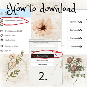 May include: A guide on how to download files, with the text "How to download" at the top. The image shows steps to download files from a website, including "Purchases and reviews" and "Download Files" buttons.