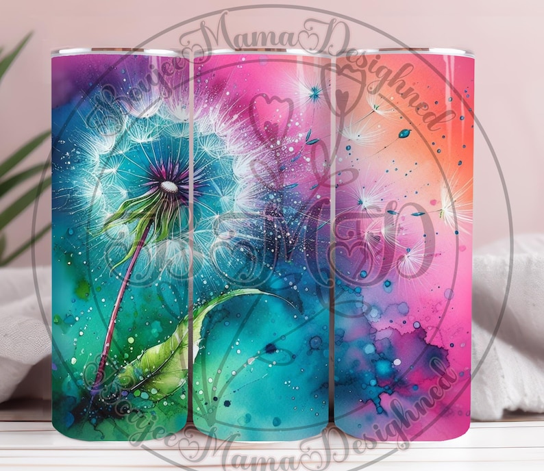 May include: A tumbler featuring a vibrant watercolor design of a dandelion. The artwork showcases a dandelion with a teal center, green stem and leaf, and white seed heads against a colorful background of pink, orange, and teal. The text "Mama Designed" is visible.
