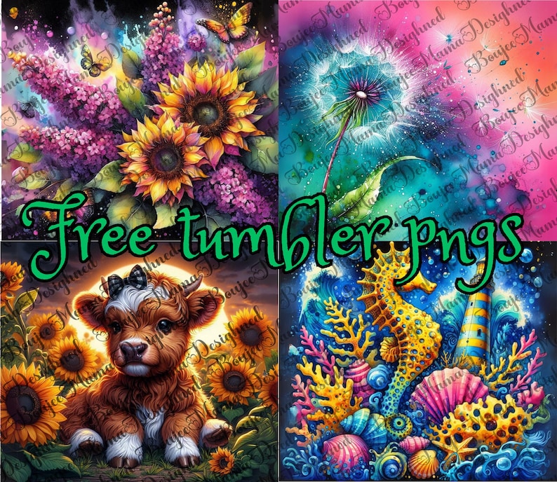 May include: A digital art collage featuring four vibrant designs. One shows sunflowers and lilacs, another a dandelion, a third a calf in a sunflower field, and the last a seahorse and coral. The text "Free tumbler pngs" is overlaid.