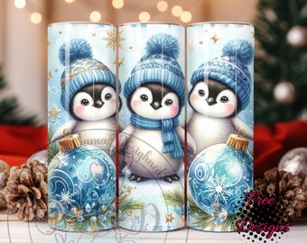 Cute Christmas penguin tumbler ,Cozy penguin png , Christmas snow png 20oz Tumbler Wrap PNG, Holliday tumbler wrap
