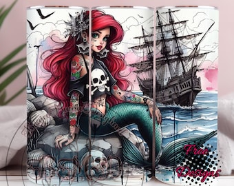 Bicchiere da principessa gotica sirena con design a sublimazione: principessa delle fiabe Halloween Goth Mermaid 20 oz Skinny PNG (download digitale)