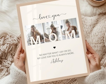 May include: A framed print with the word "MOM" in large letters, with family photos inside each letter. The print includes the text "love you", "No matter what I say or do, my love for you is always more," and the name "Ashley".