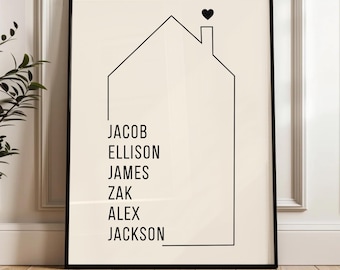 Puede incluir: Impresión enmarcada con un diseño minimalista de una casa y un corazón sobre la chimenea. Los nombres Jacob, Ellison, James, Zak, Alex y Jackson están escritos en negro sobre un fondo crema.