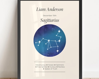 Personalized Sagittarius Zodiac Gift Print: Custom Star Sign Birth Poster for Astrology Lovers
