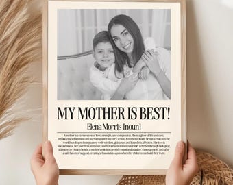 May include: A framed print with the text "MY MOTHER IS BEST!" and "Elena Morris [noun]" in a serif font. The print features a black and white photo of a mother and child. The mother is embracing the child.
