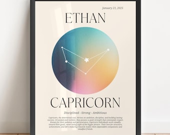 May include: A framed print with the name "ETHAN" and the date "January 21, 2025". It features a Capricorn constellation design within a colorful circle. The word "CAPRICORN" is displayed below, along with a description of the sign.