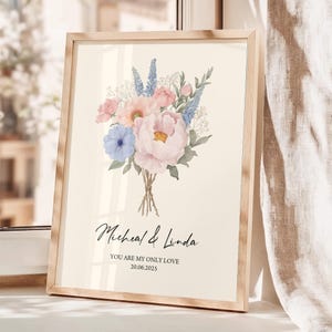 Arte de boda personalizado con nombre, impresión floral de pared personalizada, póster de pareja, regalo de aniversario o recién casados, impresión de pared para decoración del hogar, recuerdo personalizado