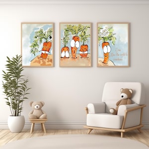 Funny Carrot Family Prints - Set of 3 Emotional Veggie Wall Art for Kids Room, Digital Download, Whimsical Nursery Decor with Affirmation