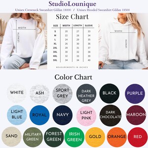 May include: Image featuring a white crewneck sweatshirt and a white hooded sweatshirt. A size chart in inches is shown, detailing width, length, and sleeve measurements. A colour chart presents various options, including white, ash, sport grey, and black.