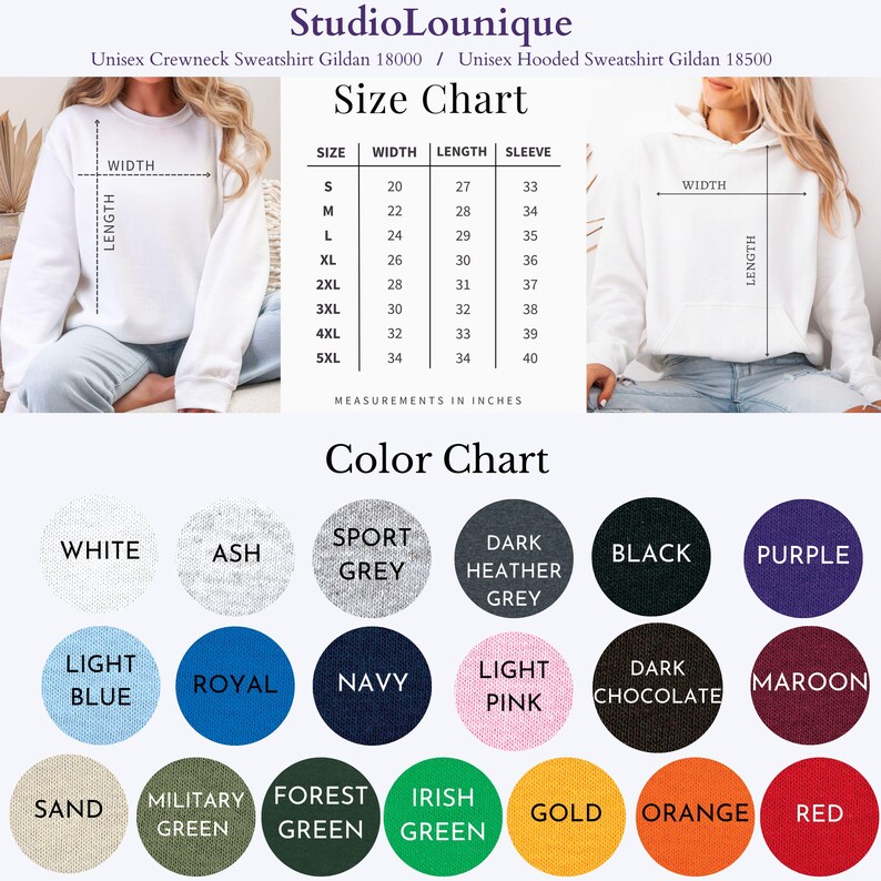 May include: Image featuring a white crewneck sweatshirt and a white hooded sweatshirt. A size chart in inches is shown, detailing width, length, and sleeve measurements. A colour chart presents various options, including white, ash, sport grey, and black.