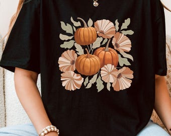Vintage Boho Floral Pumpkin Shirt, Halloween T-shirt, Autumn Fall Tee, Retro Fall Design, Botanical Pumpkin Tee, Rustic Graphic Shirt