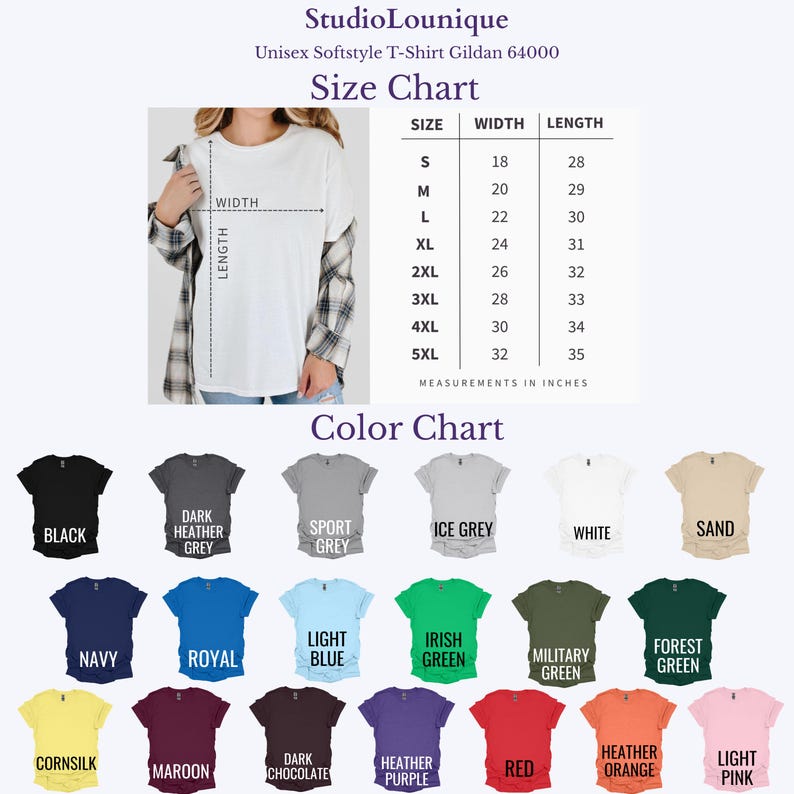 May include: A size and colour chart for a unisex softstyle t-shirt. The size chart shows measurements in inches, ranging from size small to 5XL. The colour chart displays various t-shirt colours, including black, white, navy, and red.