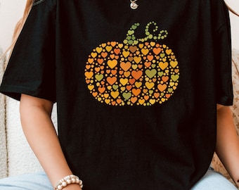 Pumpkin Hearts Shirt, Halloween Shirt, Autumn Fall T-shirt, Thanksgiving Graphic Tee, Pumpkin Spice Heart Shirt