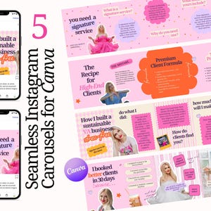 May include: A digital marketing template for Instagram carousels. The design features a pink and white color scheme with text and images. The template includes the text "How I built a sustainable VA business stress-free" and "You need a signature service".