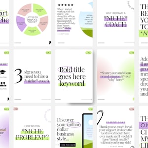 Op de afbeelding: Een verzameling witte social media-sjablonen met zwarte, groene en paarse tekst. De sjablonen bevatten zinnen als "How to start doing *niche* thing" en "Why I became a *niche* coach."