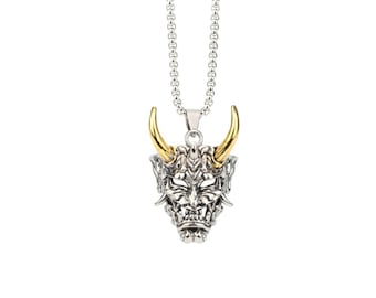 Hannya Mask Necklace- Japanese Oni Demon Art Pendant, Edgy Devil Necklace for Boyfriend & Girlfriend, Unique Unisex Jewelry.