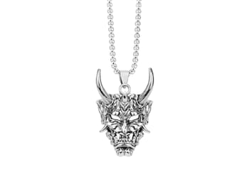 Hannya Mask Necklace- Japanese Oni Demon Art Pendant, Edgy Devil Necklace for Boyfriend & Girlfriend, Unique Unisex Jewelry.